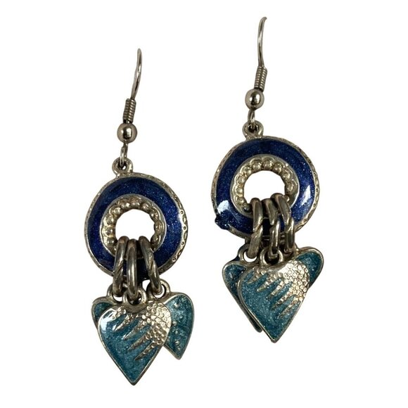 Believe In Jewelry - Silver Heart Dangle Earrings Blue Enamel Rhinestone Detail Signed on Back